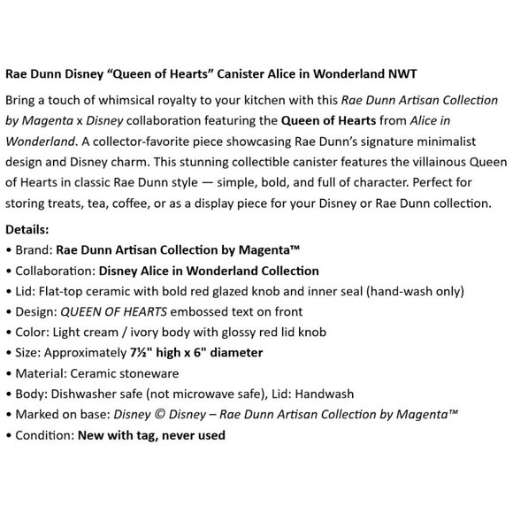 Rae Dunn Disney “Queen of Hearts” Canister Alice in Wonderland NWT - Picture 2 of 5